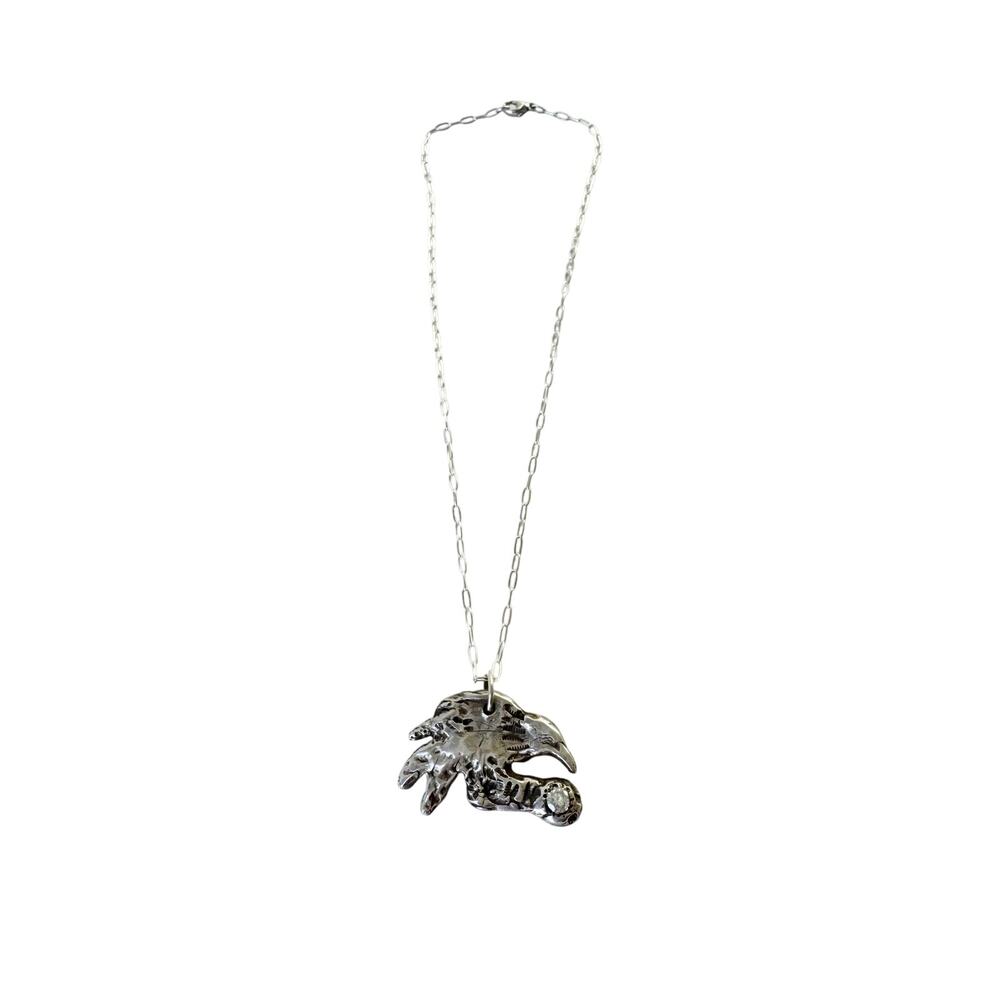 Crow Sterling Silver Clay Pendant Lab White CZ Hand Stamped Sterling 925 Chain